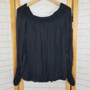 Dossena Milano Silk Blend Black Blouse Sheer Oversized Sleeves Bubble Hem Large